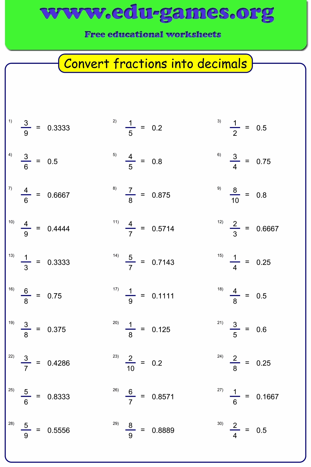 Fraction2Decimal In Comparing Fractions And Decimals Worksheet