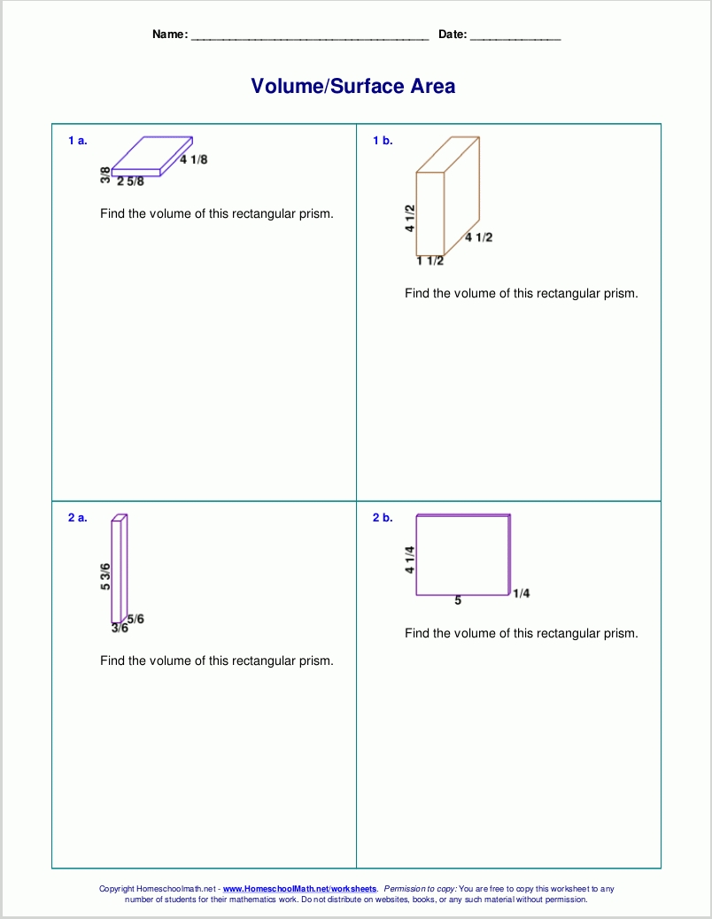 Free Worksheets For The Volume And Surface Area Of Cubes & Rectangular With Regard To Volume Rectangular Prism Worksheet