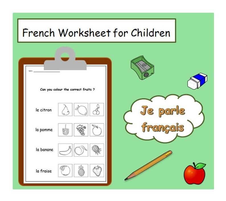 French For Kids Fruits Words Language Worksheet / Kids | Etsy Uk With French Worksheet For Kids