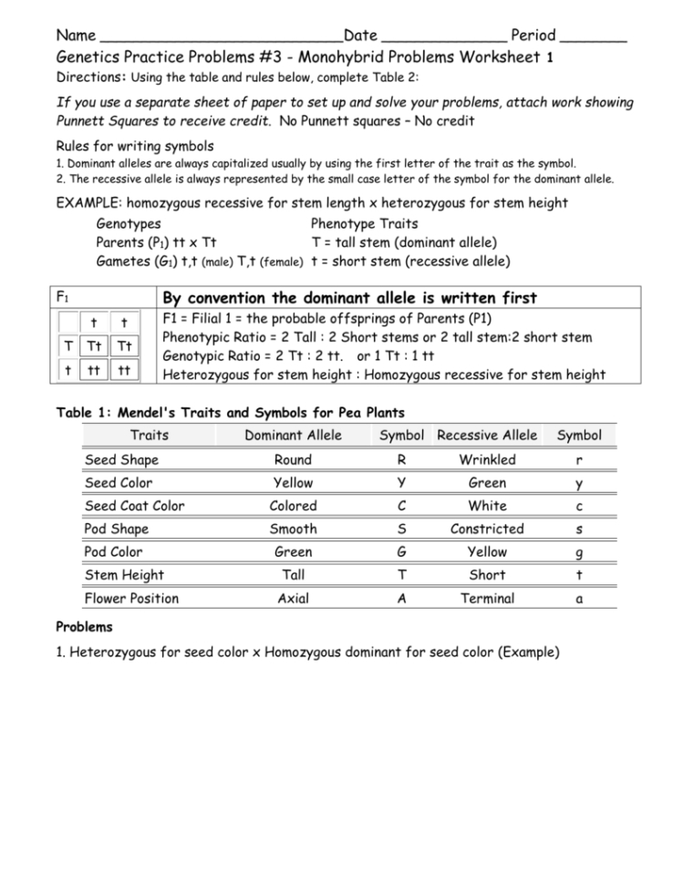 Genetics Practice Problems 3 Monohybrid Problems Worksheet 1 Answers — Db Excel In Genetics Practice Problems Worksheet