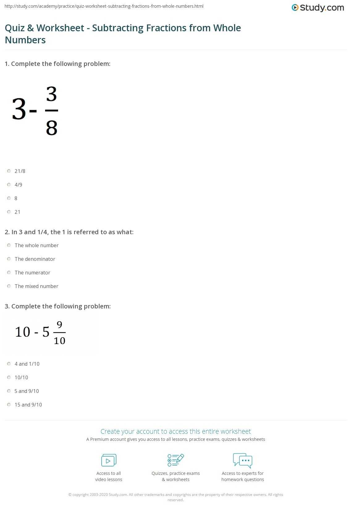 Grade 4 Fraction Worksheet Subtract Mixed Numbers From Whole Numbers K5 inside Subtracting Mixed Numbers Worksheet