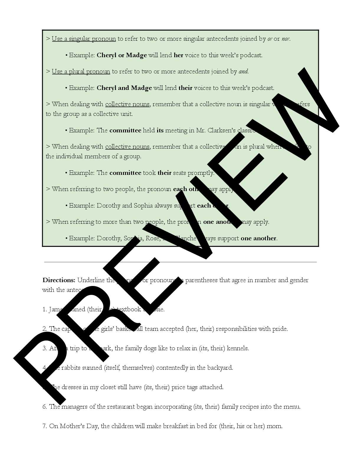 Grammar Worksheet On Pronoun-Antecedent Agreement | Teaching Resources for Pronoun Antecedent Agreement Worksheet