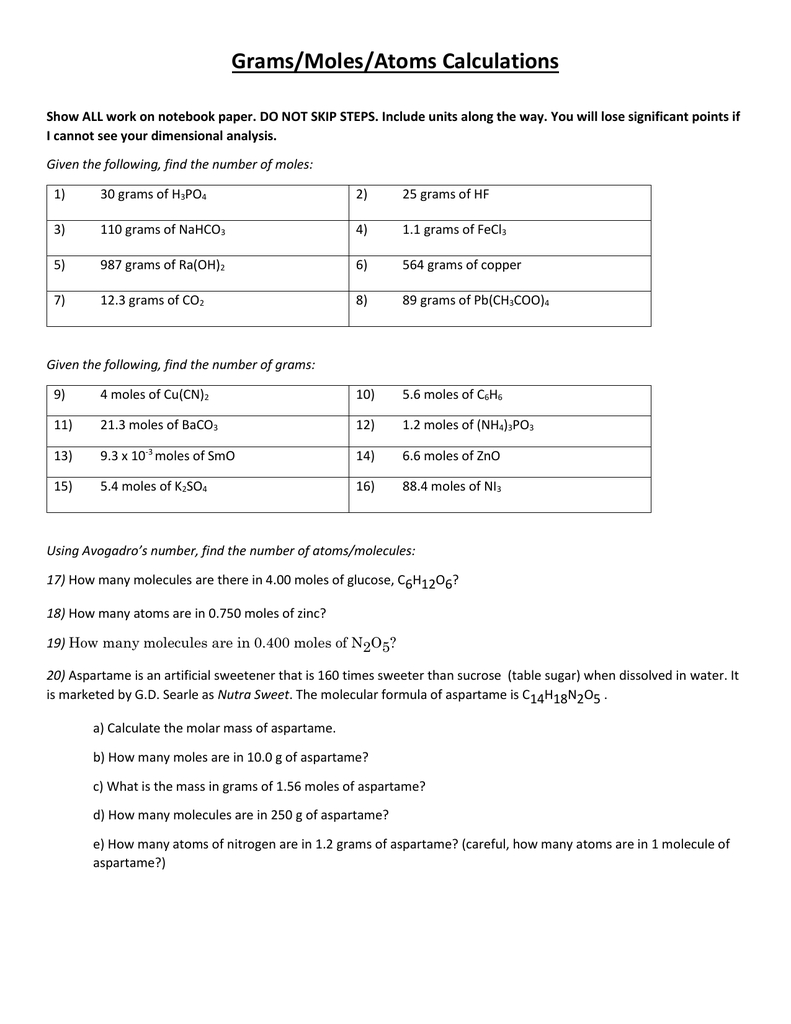 Grams, Moles, Atoms Calculation Worksheet - Extra throughout Moles Molecules And Grams Worksheet
