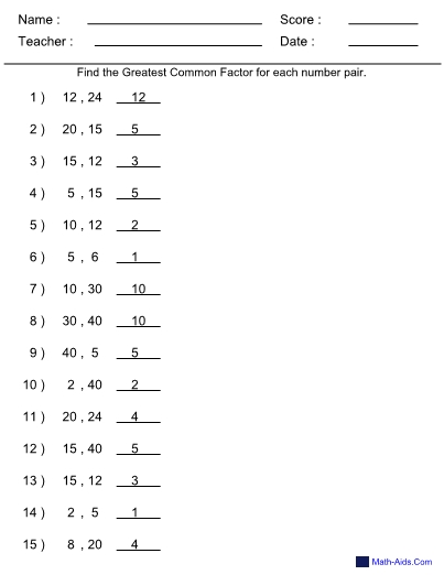 Greatest Common Factor Worksheet regarding Greatest Common Factor Worksheet