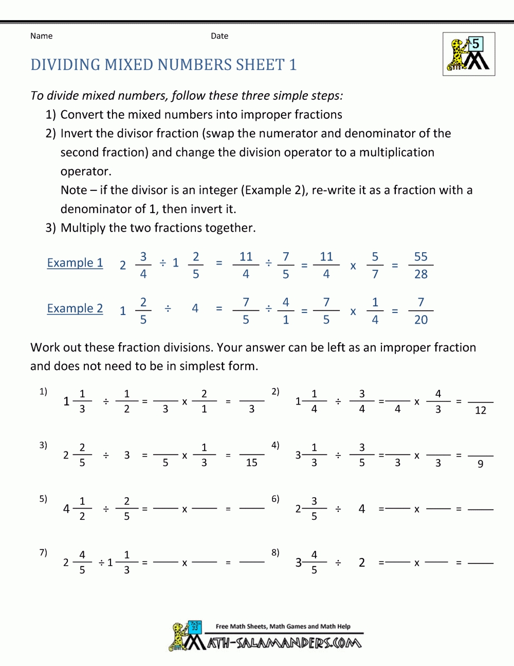 How To Divide Mixed Numbers in Dividing Mixed Numbers Worksheet