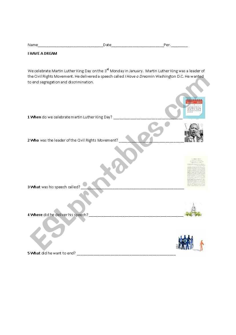 I Have A Dream - Esl Worksheet By Rainuree with regard to I Have A Dream Worksheet
