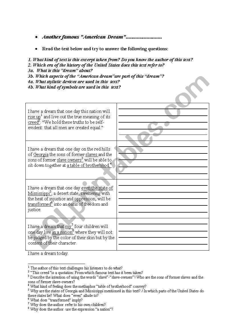I Have A Dream Speech - Esl Worksheet By Natxo Regarding I Have A Dream Worksheet