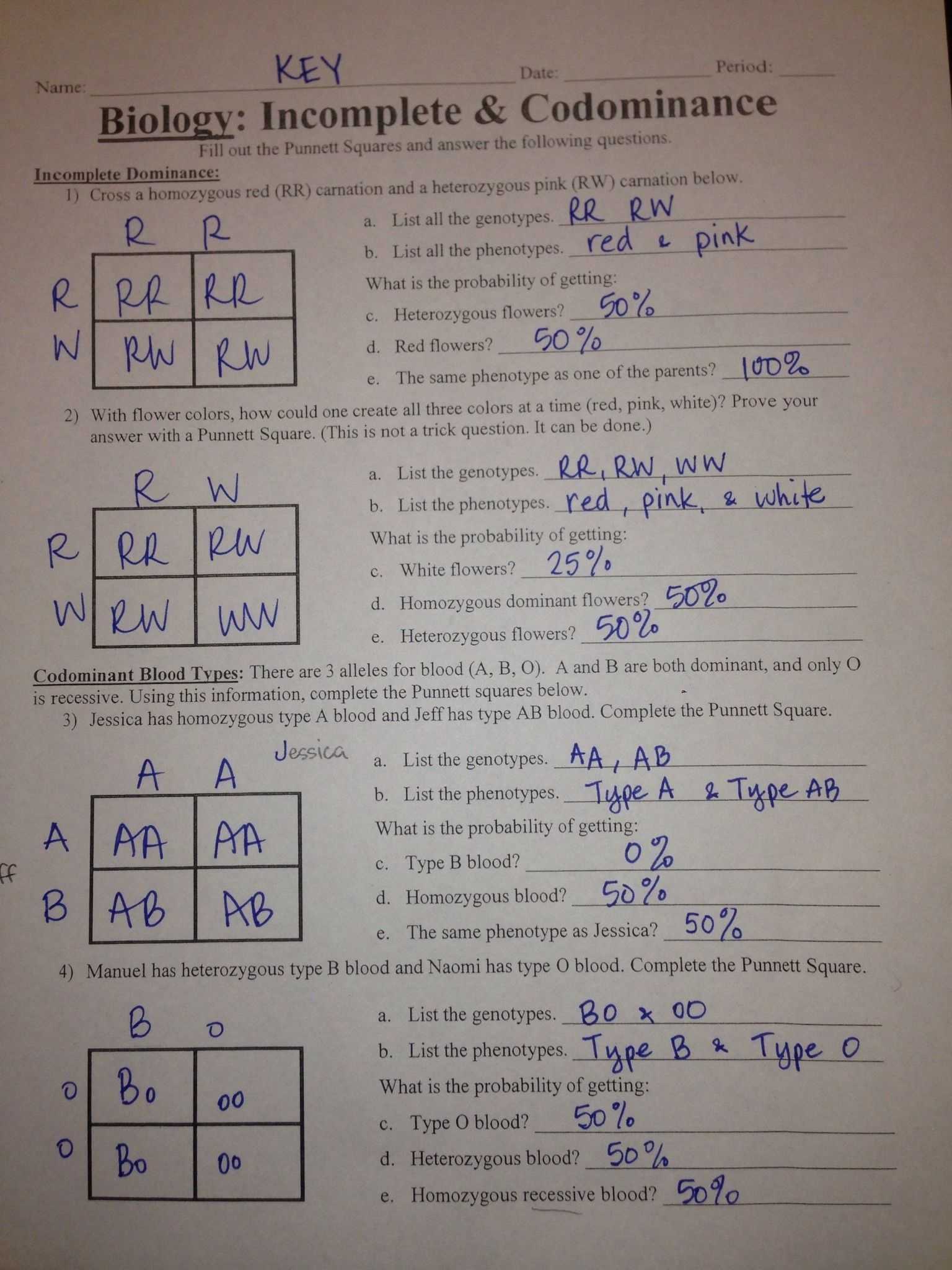 Incomplete Dominance And Codominance Practice Problems Worksheet Answer Key Pertaining To Incomplete And Codominance Worksheet