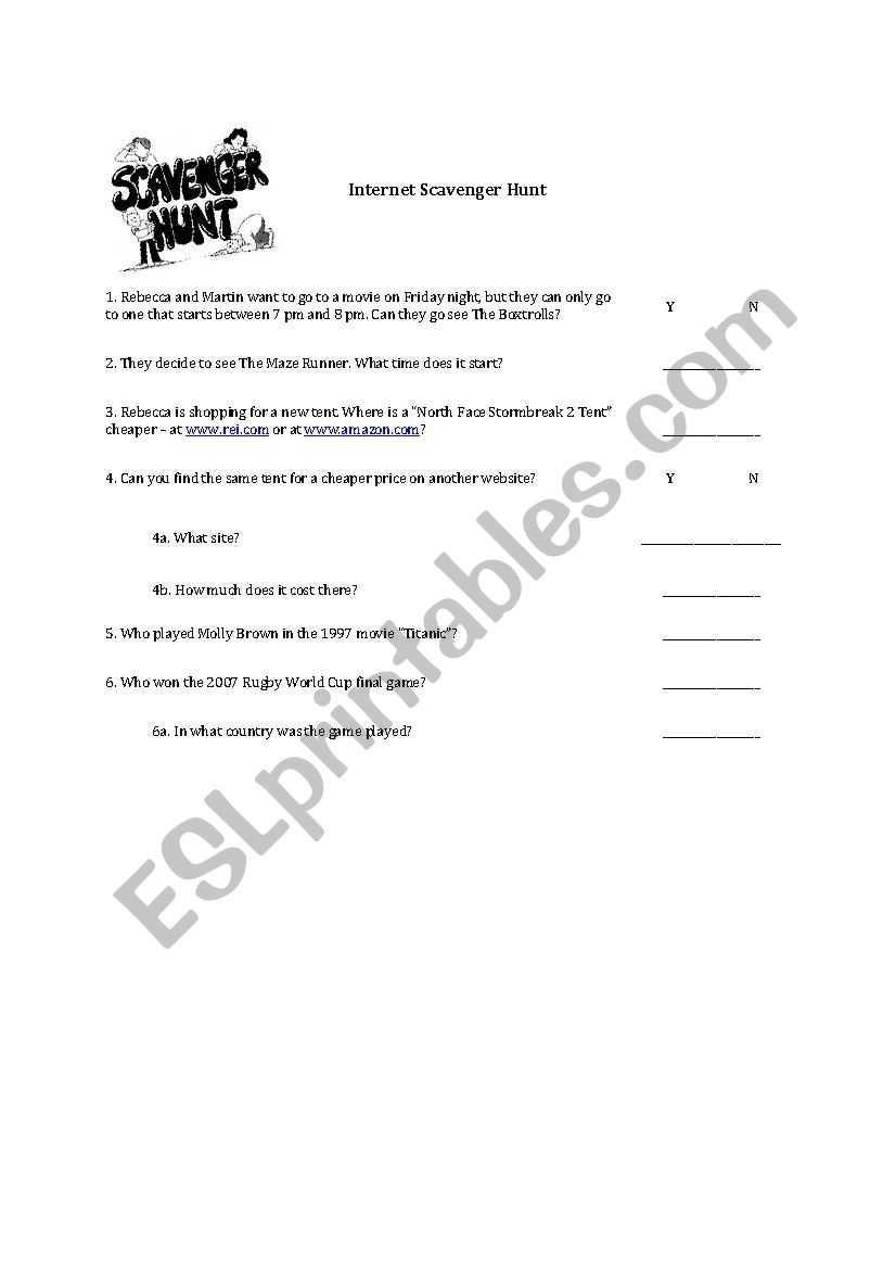 Internet Scavenger Hunt - Esl Worksheet By Rebeccajtaylor Inside Internet Scavenger Hunt Worksheet