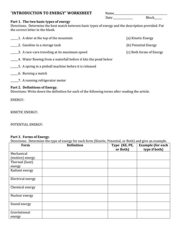 Introduction To Energy Worksheet — Db Excel Inside Introduction To Energy Worksheet