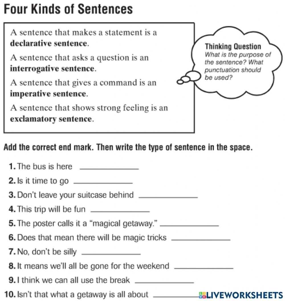 Kinds Of Sentences Online Worksheet For 4 in Kinds Of Sentences Worksheet