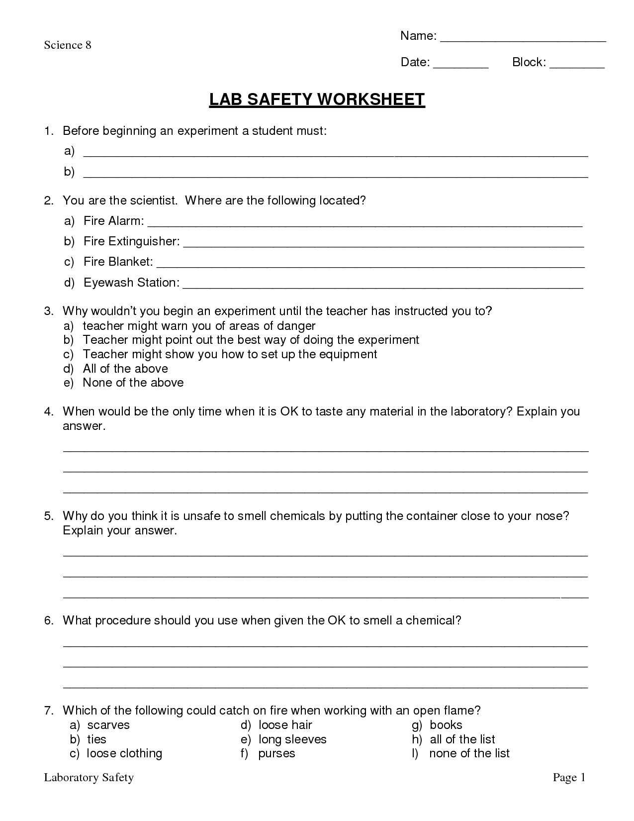 Lab Safety Worksheet Pdf | Worksheet For Education in Lab Safety Worksheet Pdf