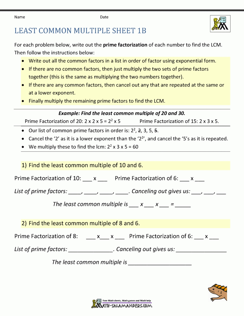 Least Common Multiple Worksheets Page regarding Least Common Multiple Worksheet
