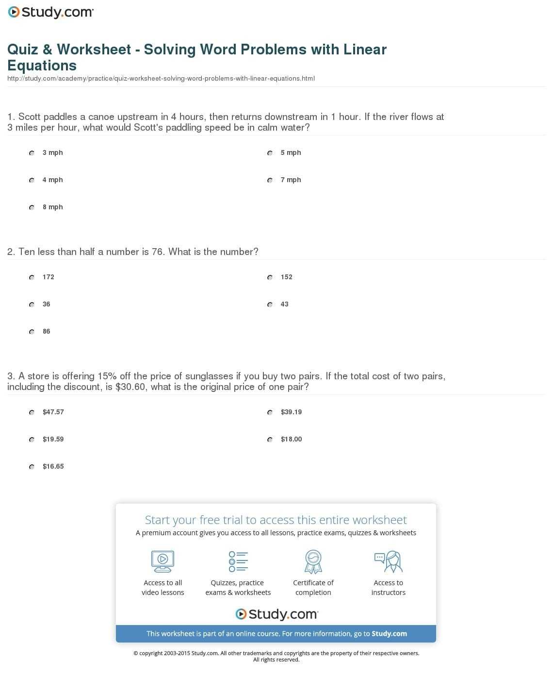 Linear Equations Word Problems Worksheet — Db-Excel throughout Linear Function Word Problems Worksheet