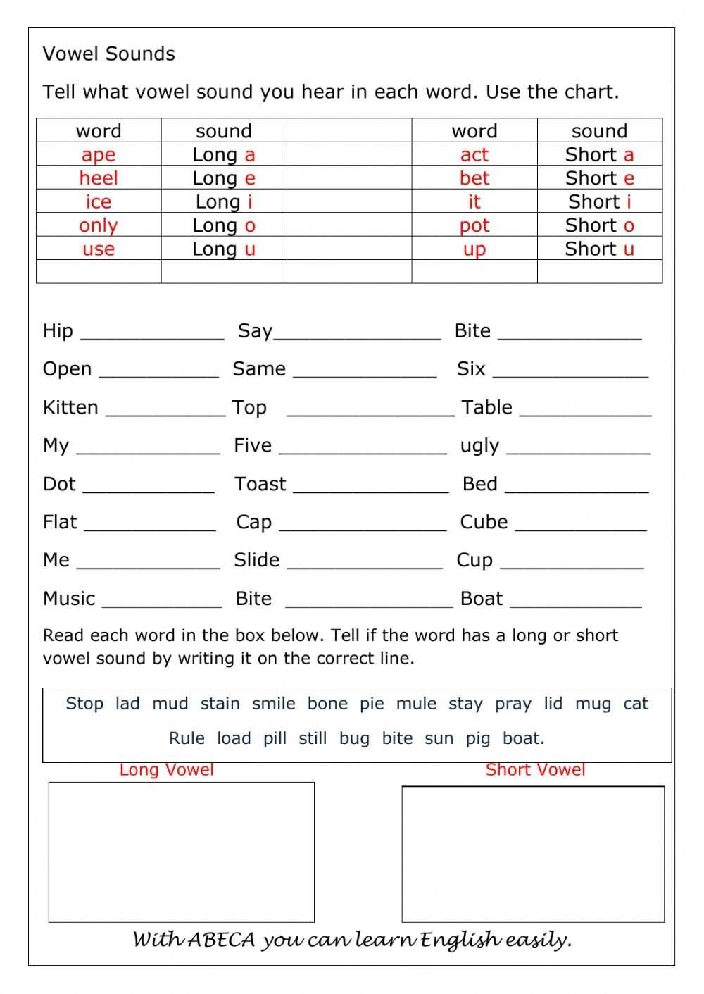 Long And Short Vowels Worksheet in Short And Long Vowels Worksheet