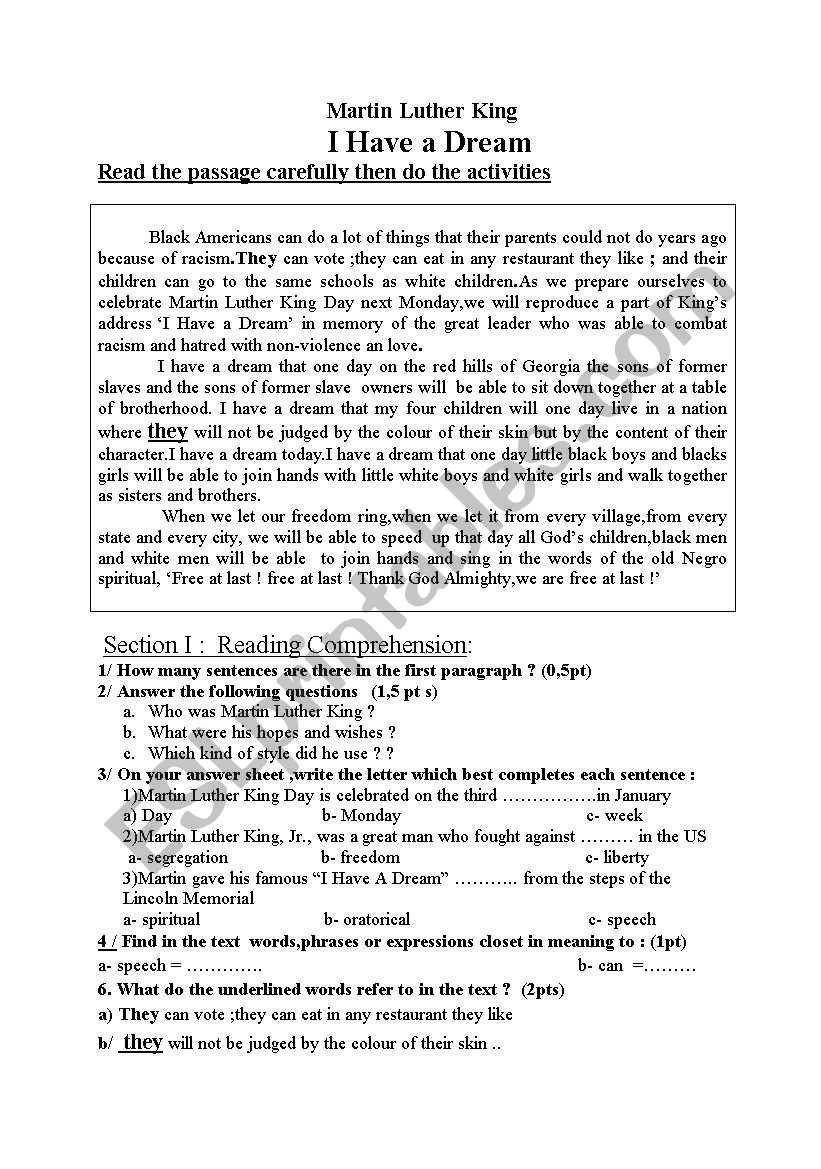 Martin Luther I Have A Dream - Esl Worksheet By Samir2008 Regarding I Have A Dream Worksheet