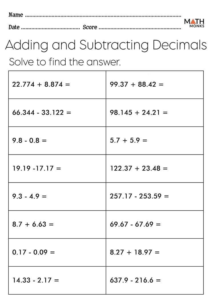 Math Decimal Worksheets For Adding Decimals Worksheet Pdf