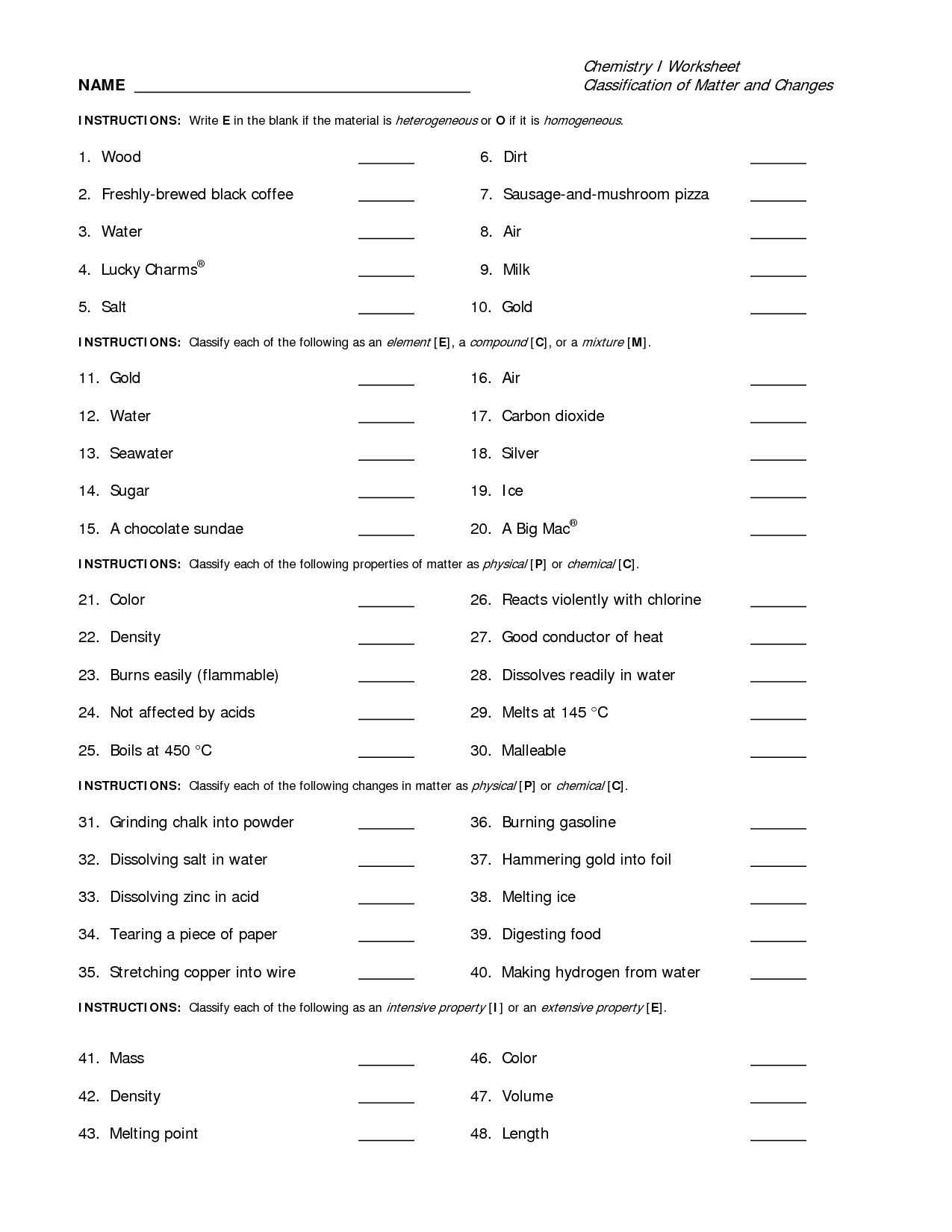 Matter Worksheet Answer Key - Worksheet List with regard to Classifying Matter Worksheet Answers