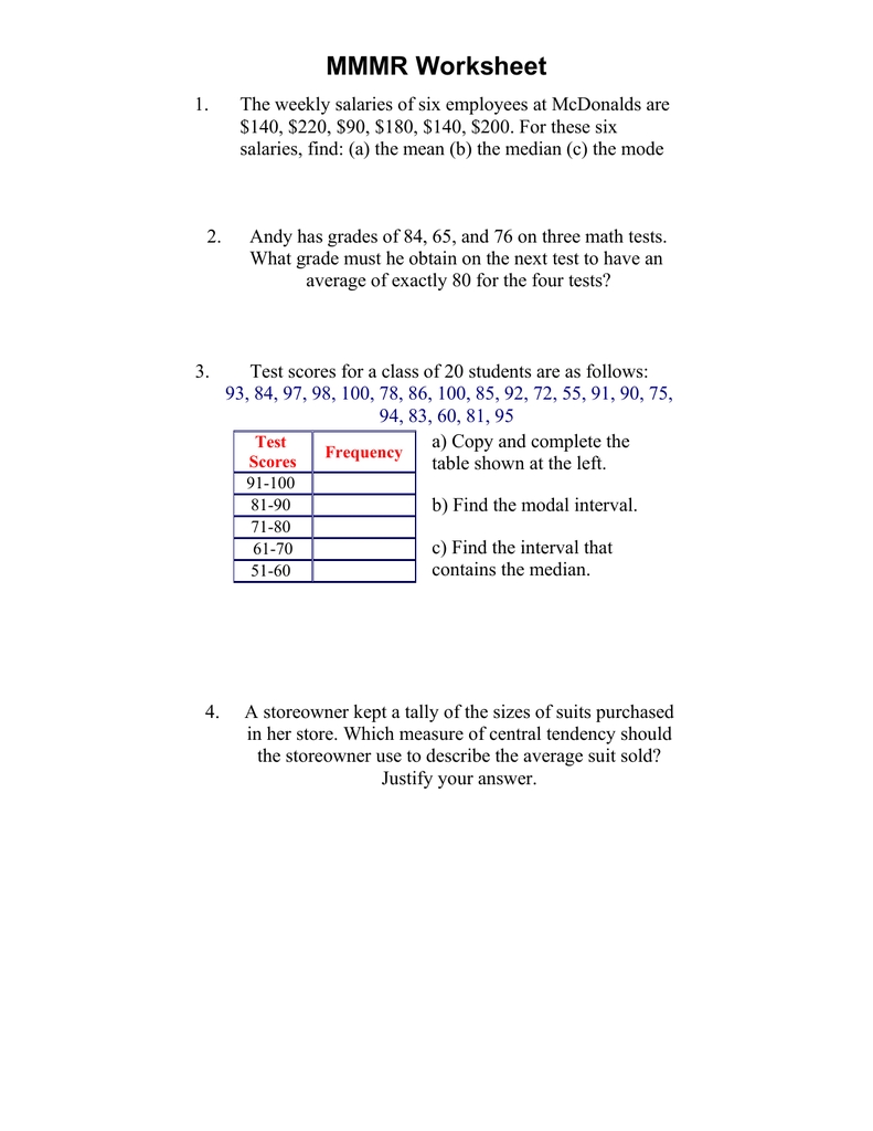 Measure Of Central Tendency Worksheet inside Measure Of Central Tendency Worksheet