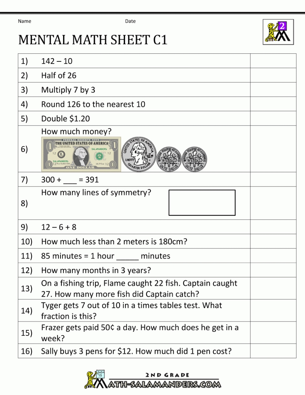 Mental Math Worksheet 2Nd Grade intended for 2nd Grade Math Worksheet Pdf
