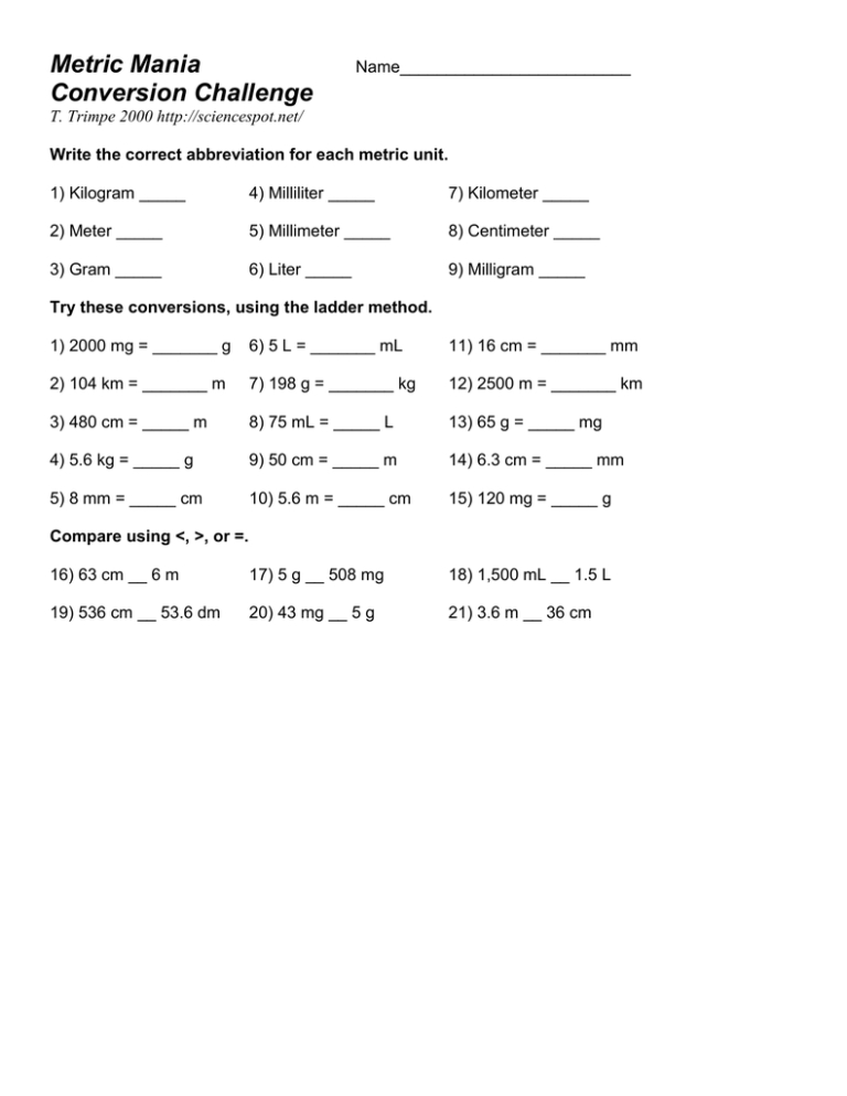 Metric Mania Conversion Challenge Worksheet Answer Key → Waltery Throughout Metric Mania Worksheet Answers