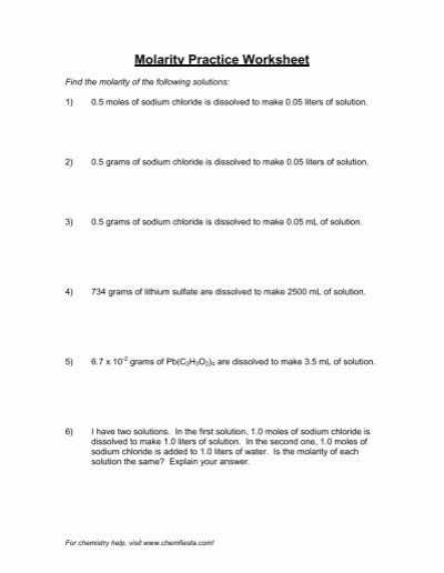 Molarity Practice Worksheets Answer Key Regarding Molarity Practice Worksheet Answer