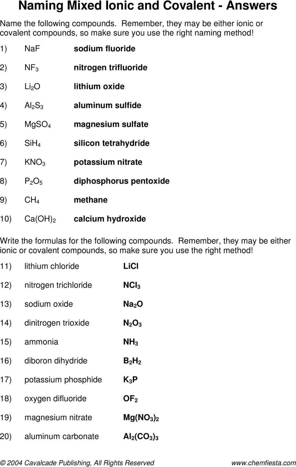 Mole Worksheet 1 Answers with regard to Naming Chemical Compounds Worksheet Answers