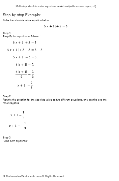 Multi-Step Absolute Value Equations Worksheet (With Answer Key + Pdf) - Mathematicalworksheets throughout Absolute Value Worksheet Pdf