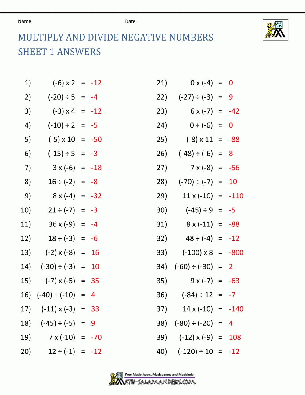 Multiplication And Division Of Positive And Negative Numbers Worksheet pertaining to Multiply And Divide Integers Worksheet