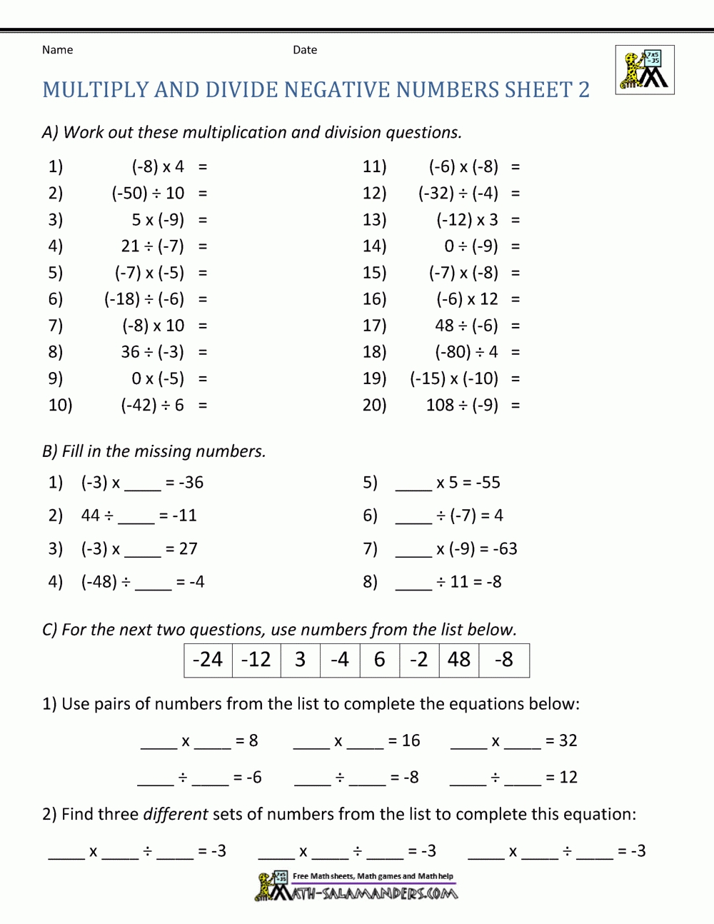 Multiply And Divide Integers Worksheet Regarding Multiply And Divide Integers Worksheet