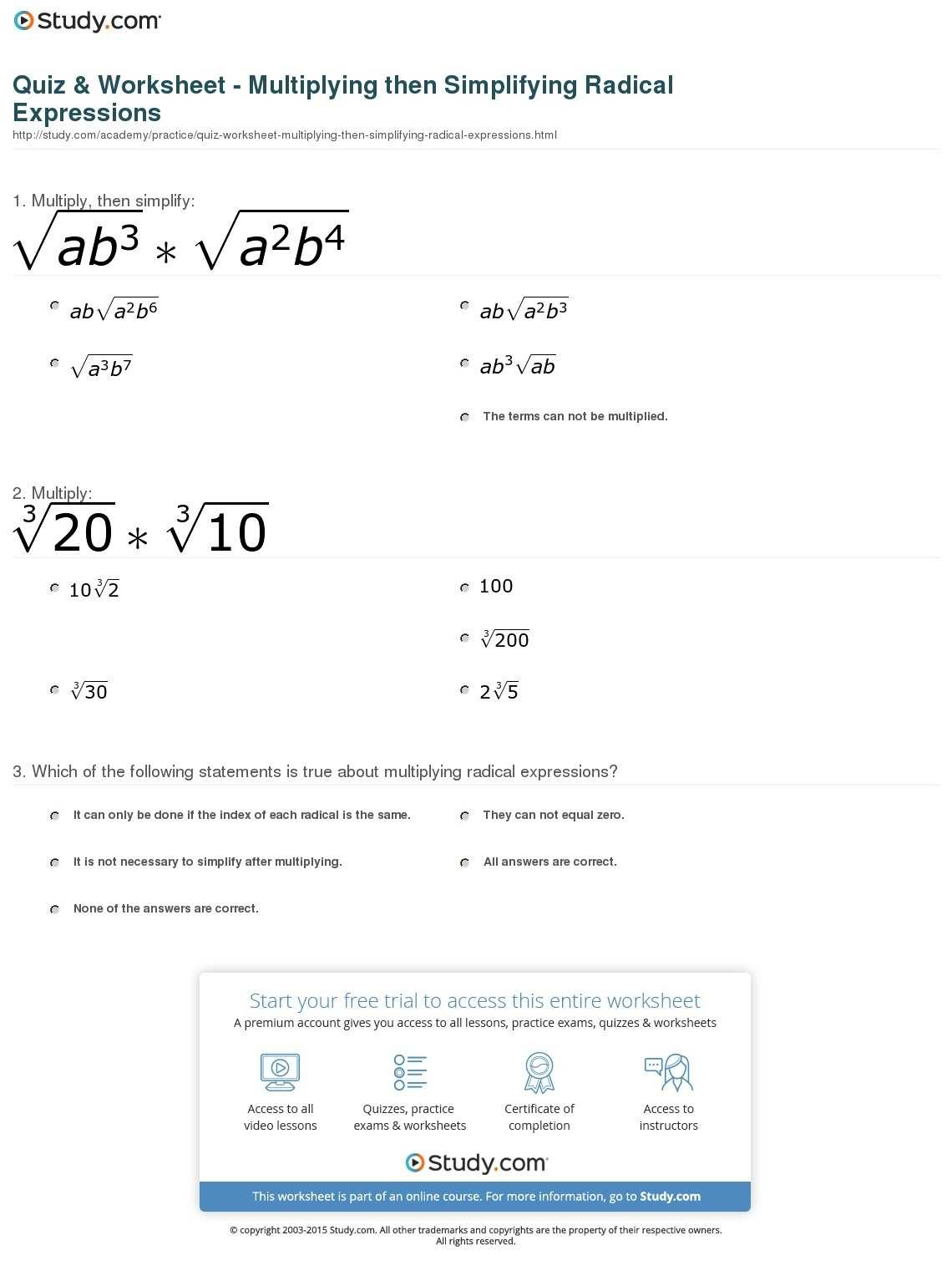Multiplying Radical Expressions Worksheet Answers — Db-Excel for Multiply Radical Expressions Worksheet
