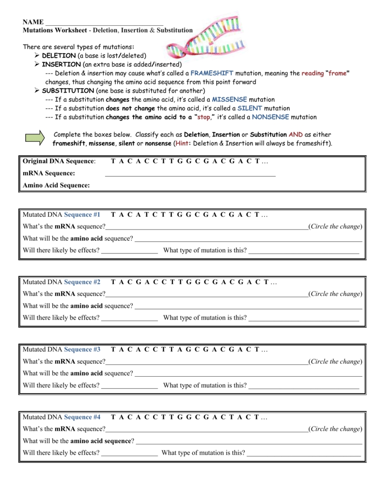 Mutations Worksheet — Db Excel Within Dna Mutations Practice Worksheet Answer