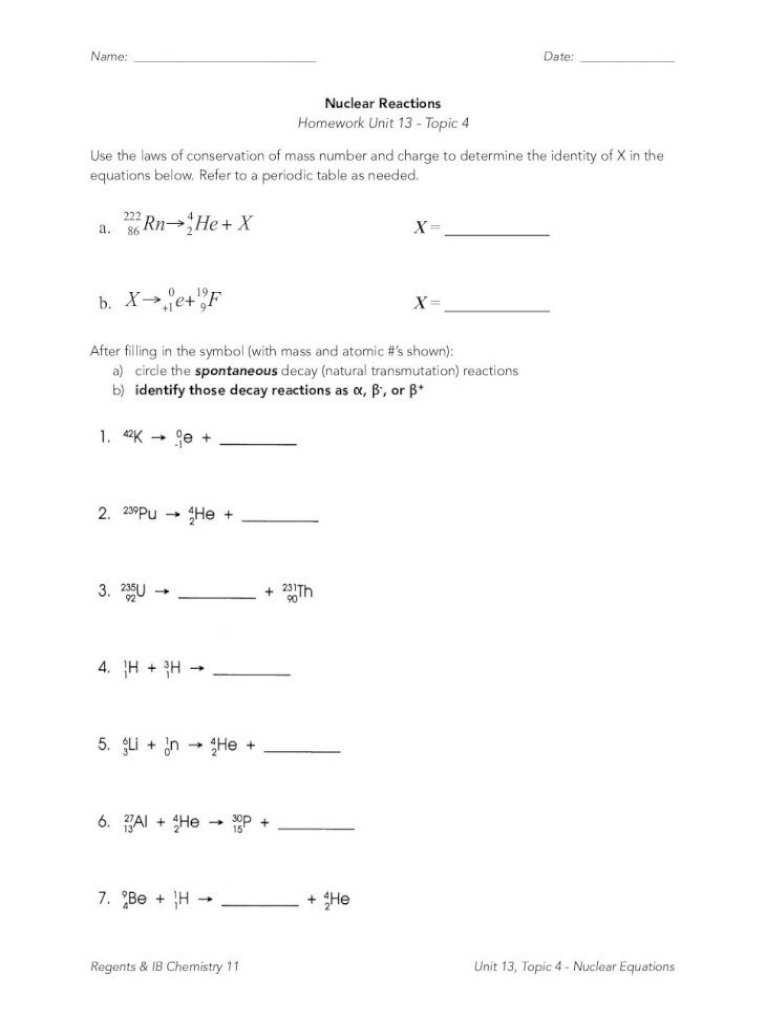Nuclear Chemistry Worksheet K for Nuclear Chemistry Worksheet K