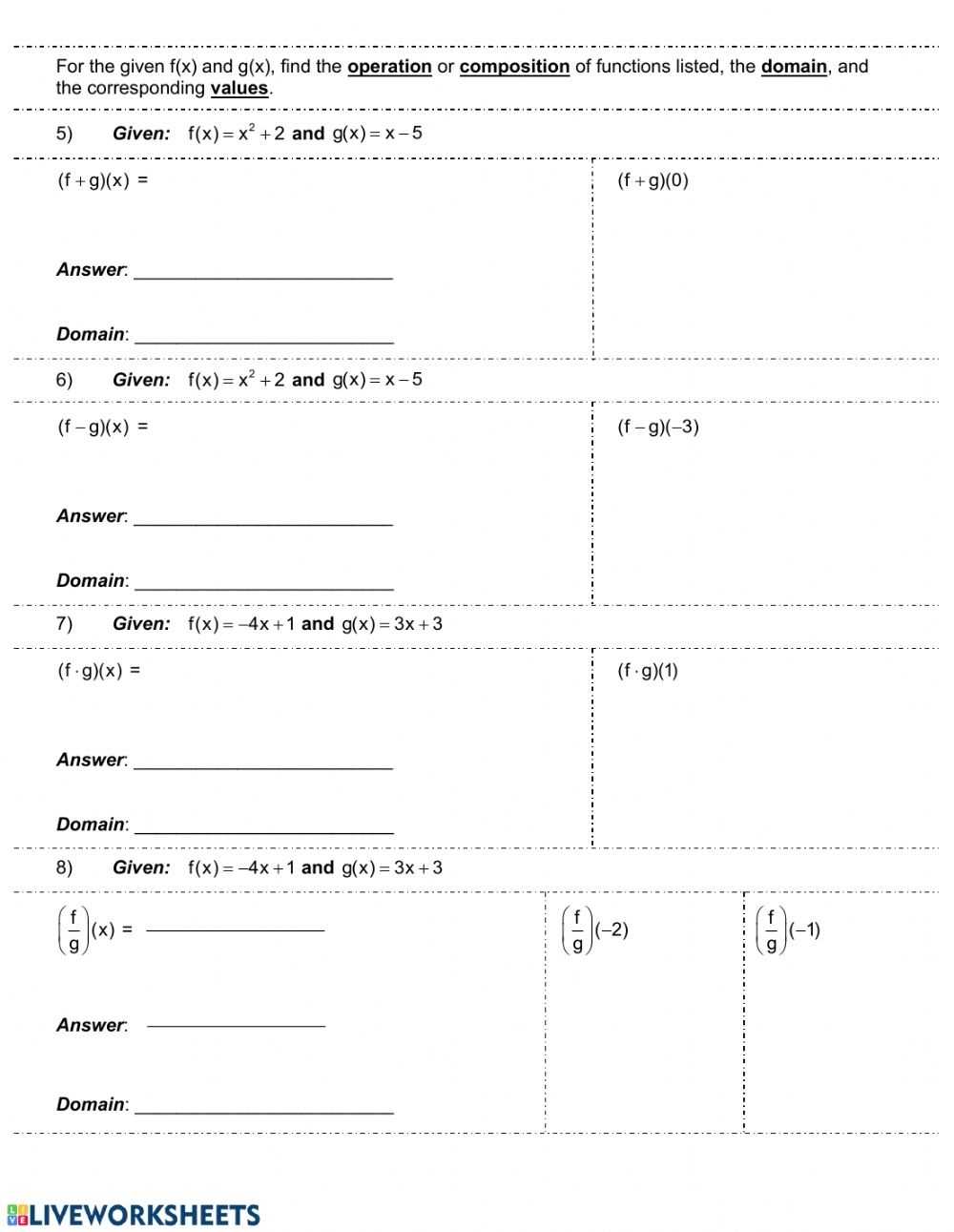 Operations With Functions Worksheet - Educational Worksheet Pertaining To Operations On Functions Worksheet