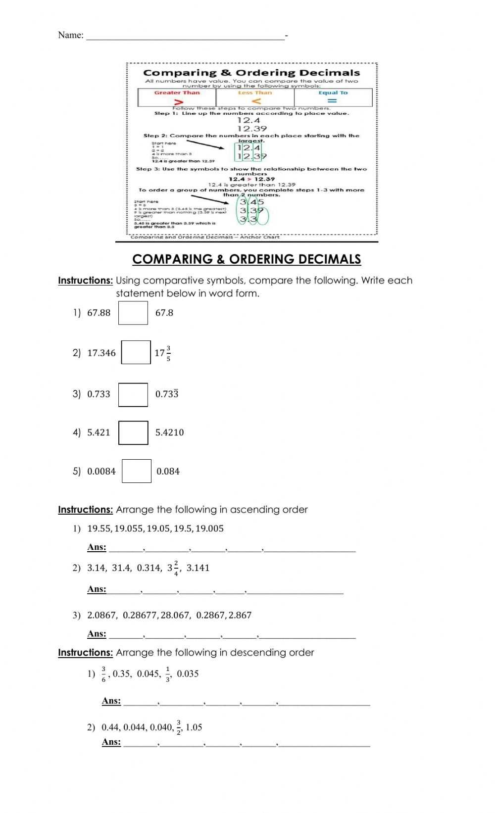 Ordering And Comparing Fractions And Decimal Interactive Worksheet Inside Comparing Fractions And Decimals Worksheet