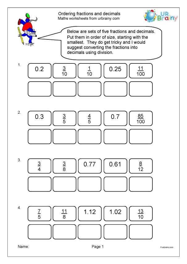 Ordering Fractions And Decimals - Fraction And Decimal Worksheets For throughout Ordering Fractions And Decimals Worksheet