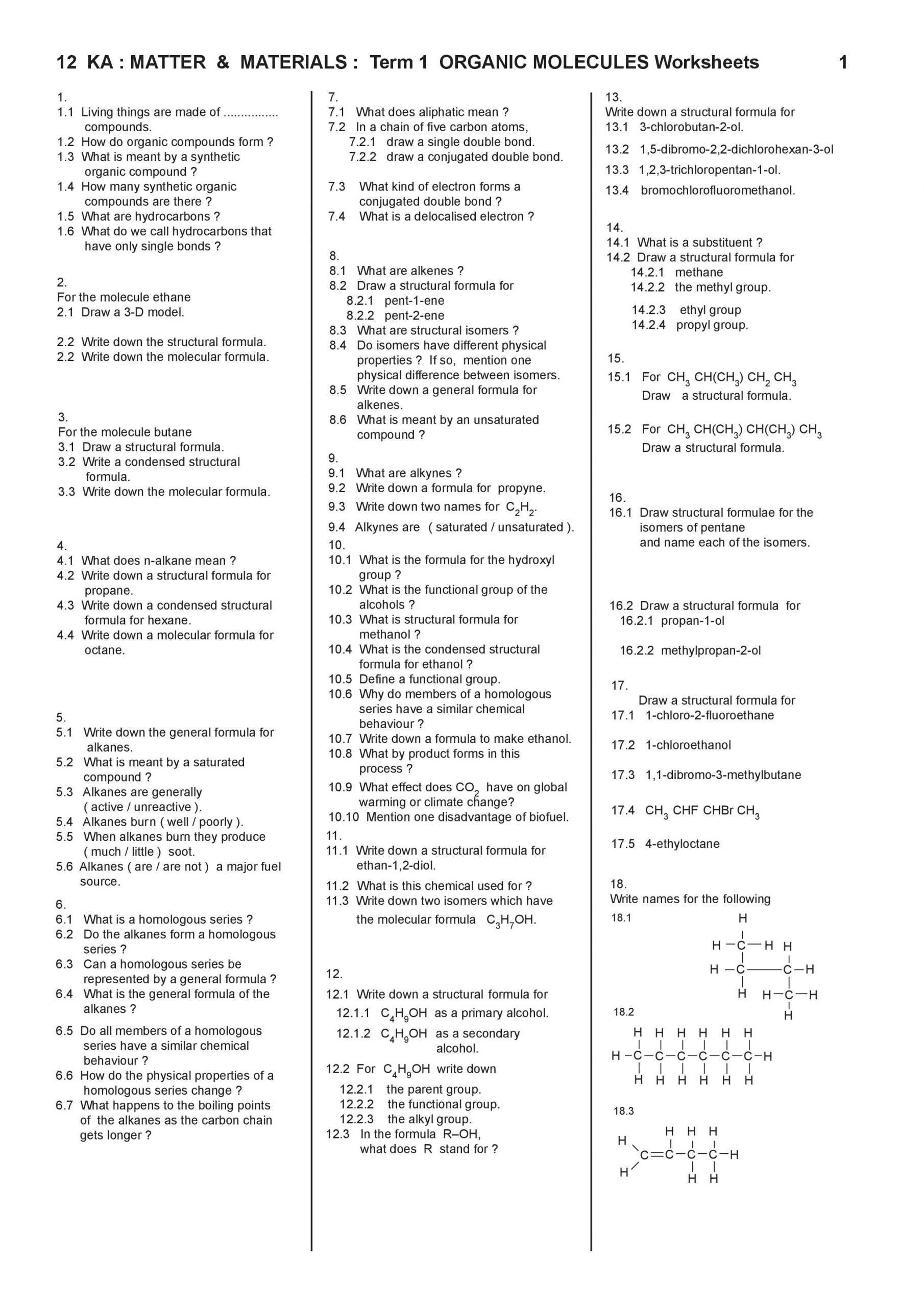 Organic Compounds Worksheet Answers within Organic Compounds Worksheet Answers