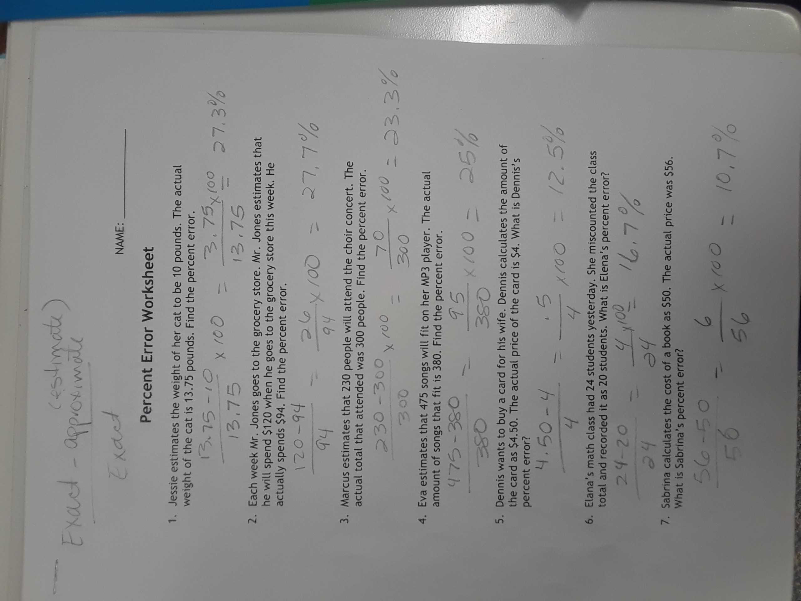 Percentage Error Worksheet Answer Key pertaining to Percent Error Worksheet Answers