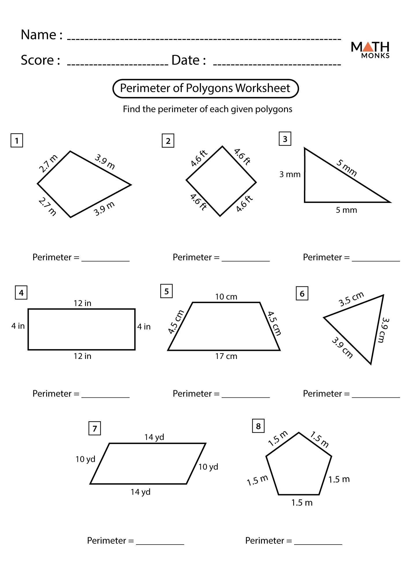 Perimeter Of Polygons Worksheets - Math Monks with regard to Area Of Regular Polygons Worksheet