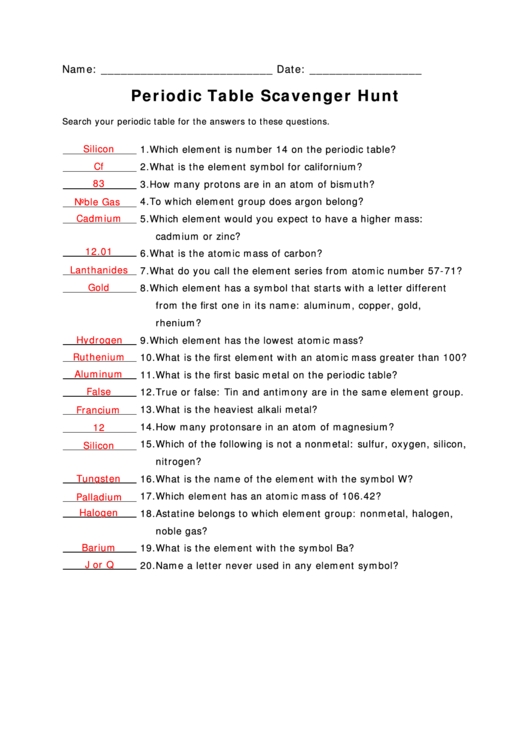 Periodic Table Scavenger Hunt With Answers Printable Pdf Download Within Periodic Table Scavenger Hunt Worksheet