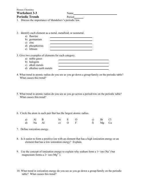 Periodic Table Trends Worksheet Answers Chemistry A Study Of Matter With Regard To Worksheet Periodic Trends Answers