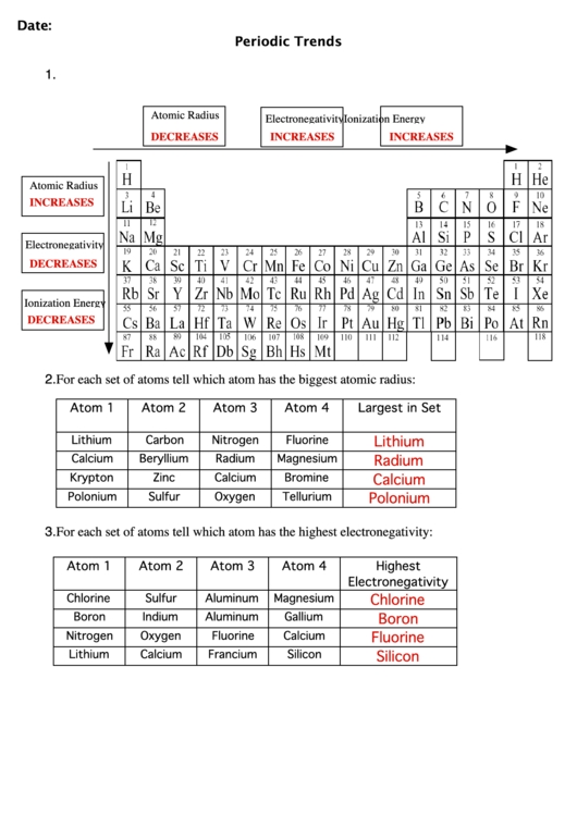 Periodic Trends Worksheet 2 Answers with regard to Worksheet Periodic Trends Answers