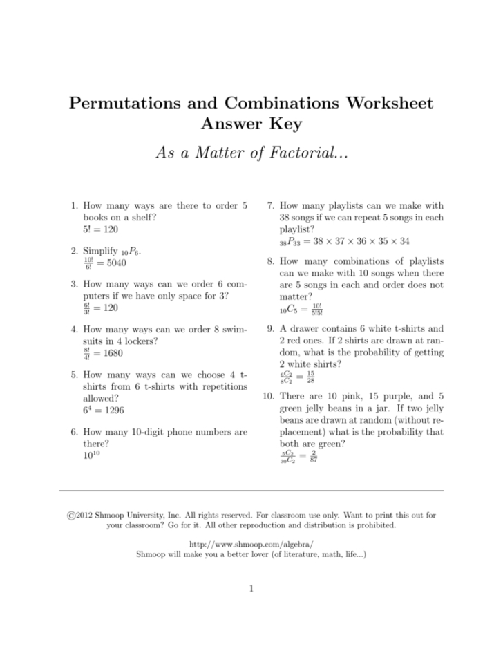 Permutations And Combinations Worksheet Answer Key — Db Excel With Combinations And Permutations Worksheet