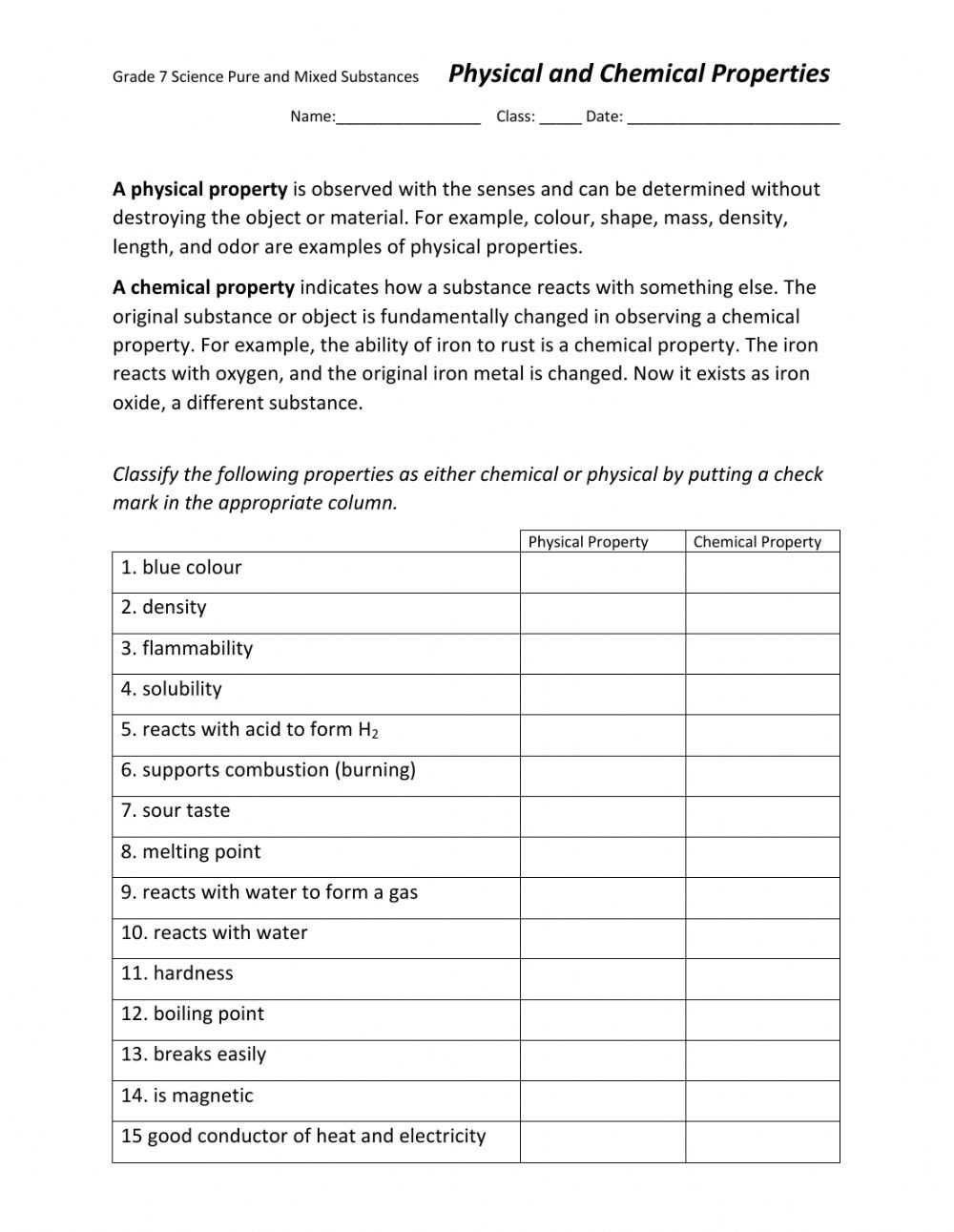 Physical And Chemical Properties Worksheet Inside Properties Of Matter Worksheet