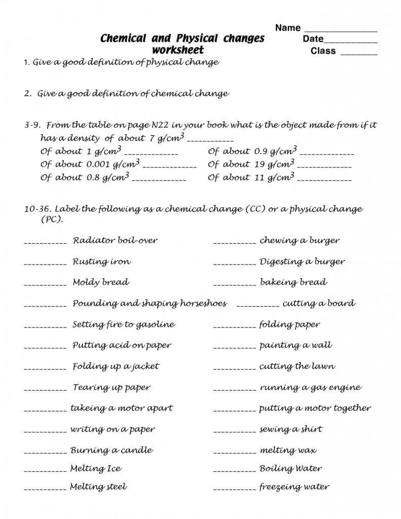Physical Chemical Change Worksheet within Physical Vs Chemical Properties Worksheet
