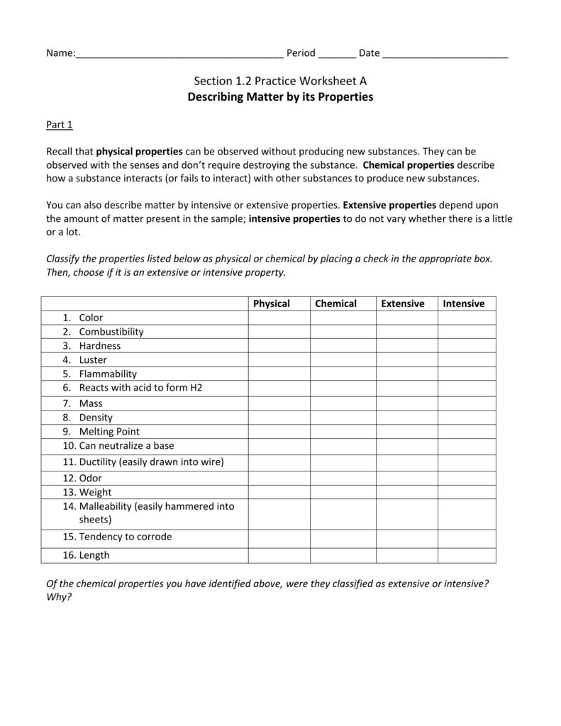 Physical Vs Chemical Properties Worksheet With Regard To Properties Of Matter Worksheet Answers