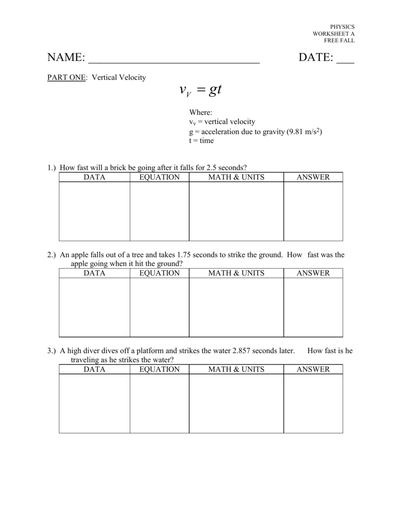 Physics Free Fall Worksheet Answers - Nidecmege intended for Free Fall Problems Worksheet