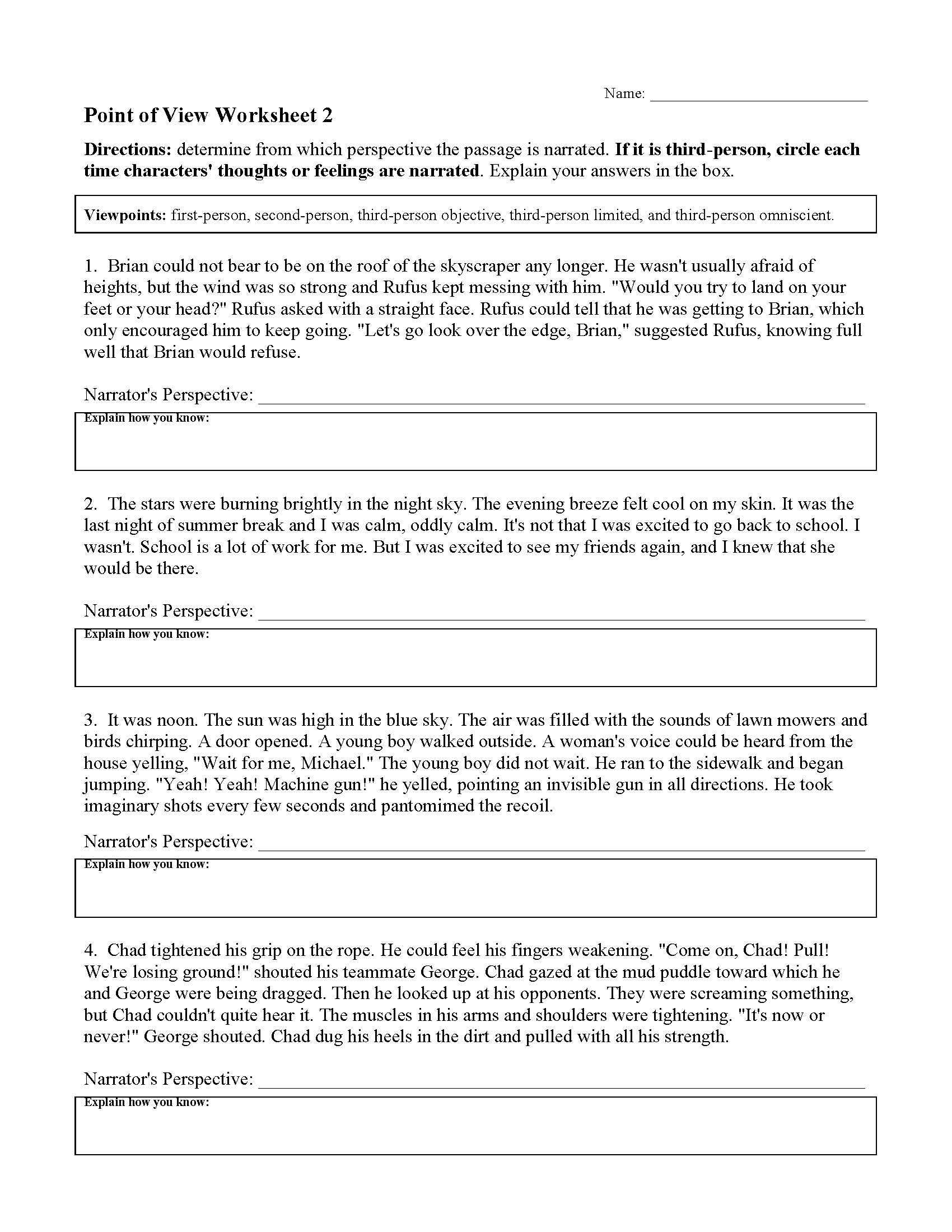Point Of View Worksheet 2 | Preview Within Author Point Of View Worksheet