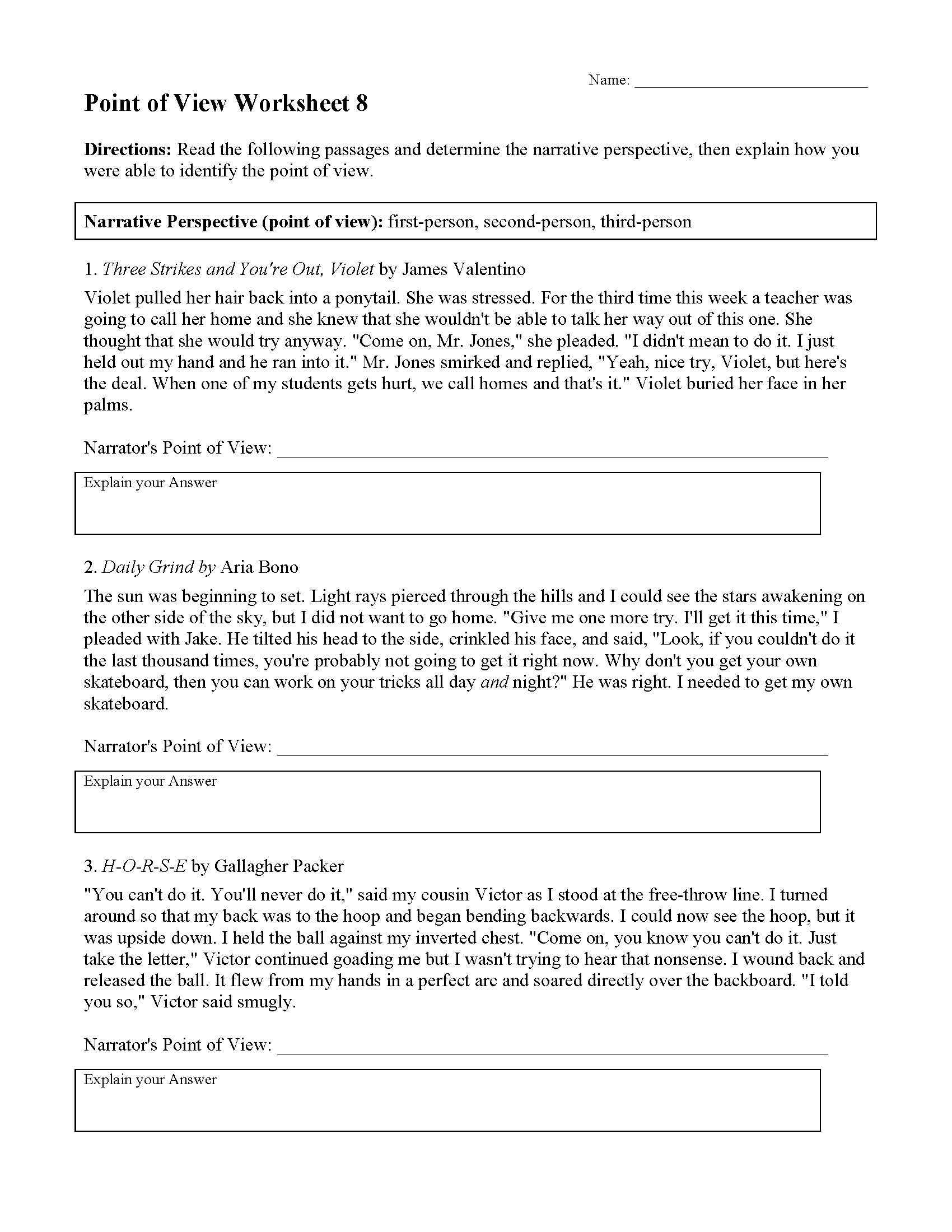 Point Of View Worksheet 8 | Preview throughout Author Point Of View Worksheet