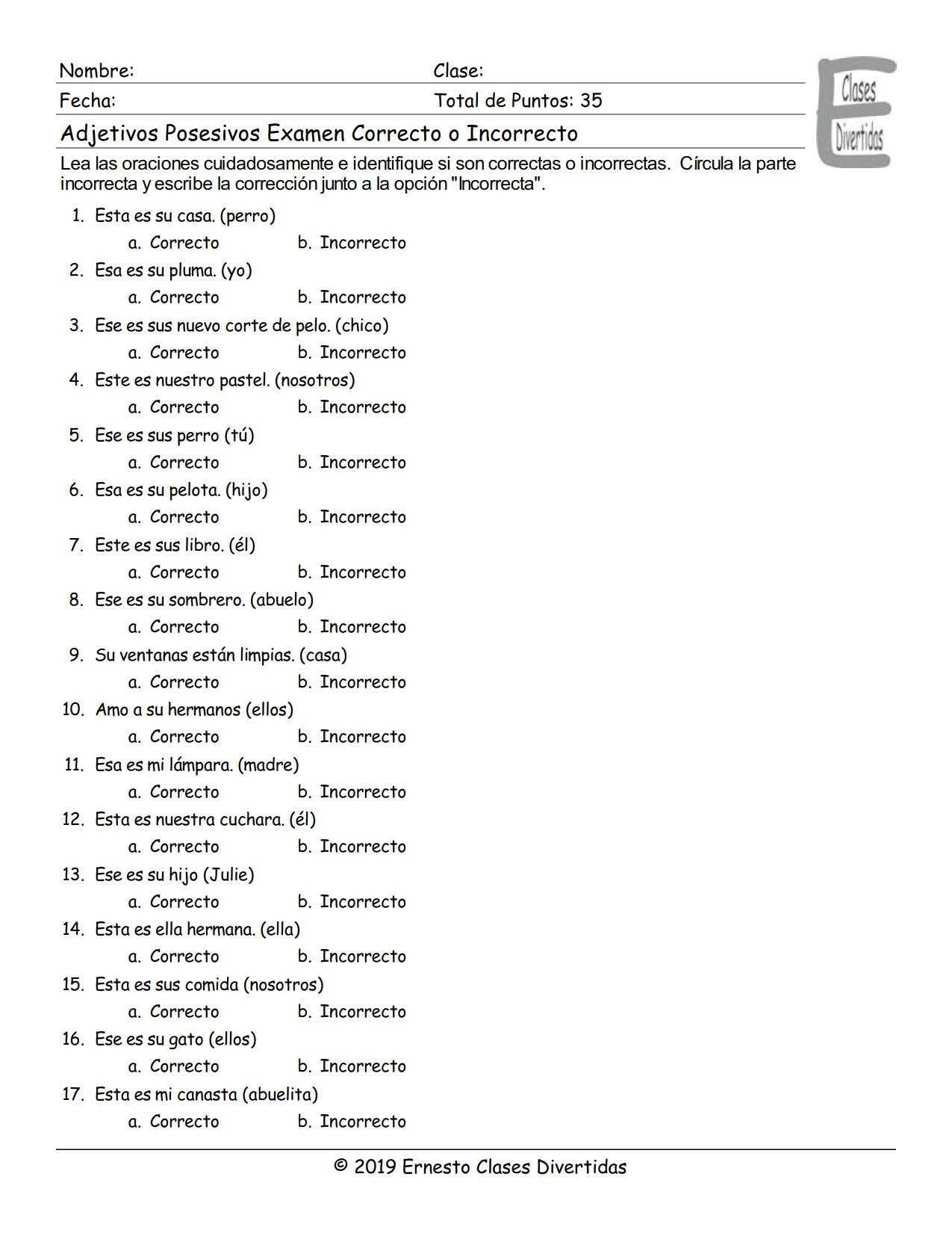 Possessive Adjectives Spanish Worksheet | Education Template Throughout Possessive Adjectives Spanish Worksheet
